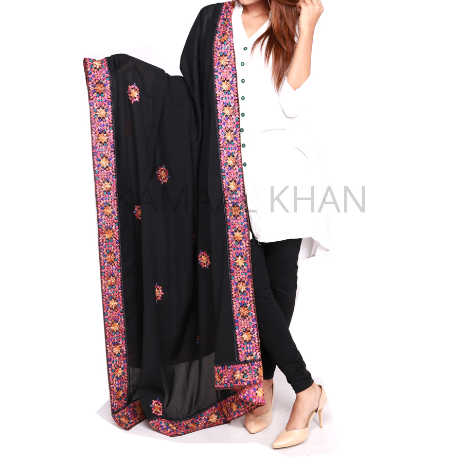 Black Phol Patti Art 4 Border Georgette  / Swiss Lawn Dupatta For Her SHL-154-2